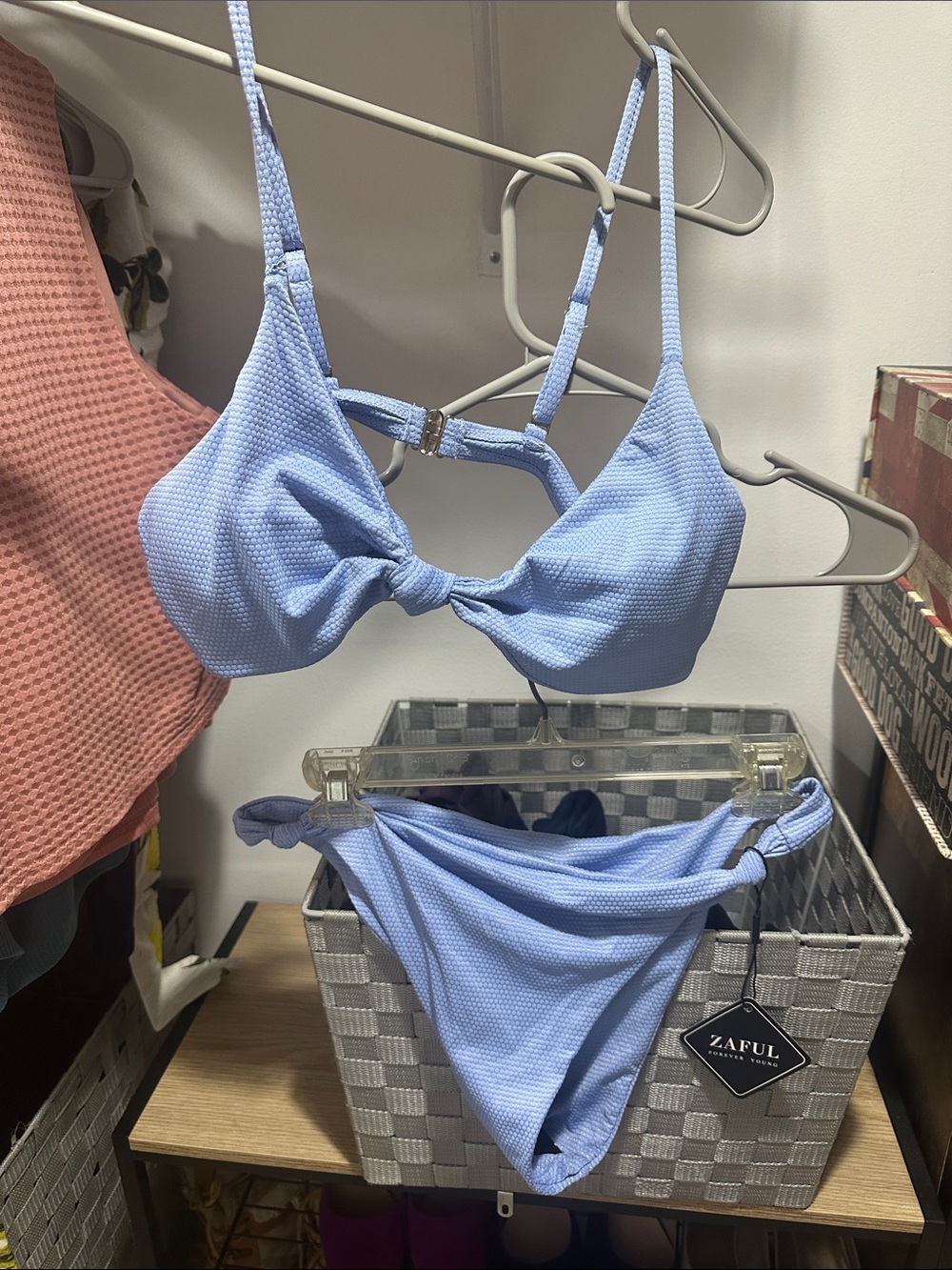 Zaful Light Blue Knot Front Textured Bikini Set